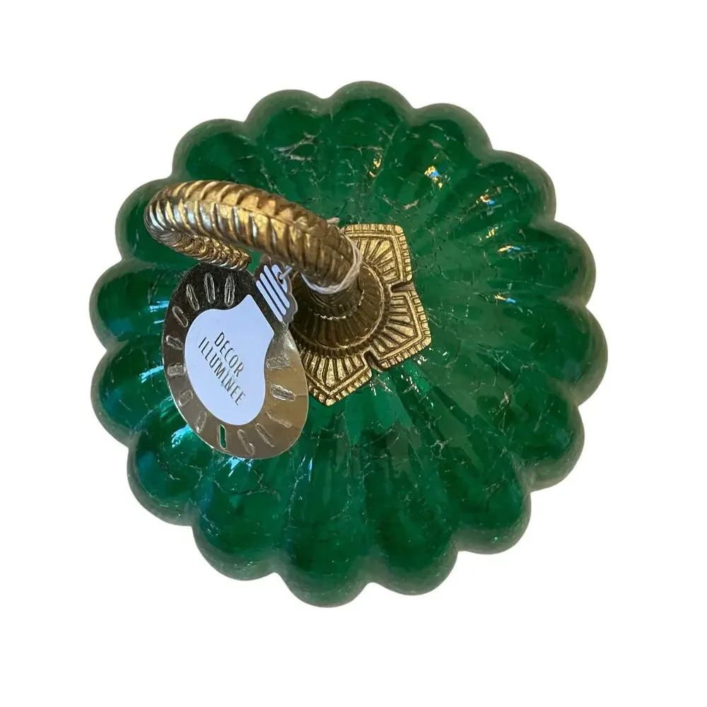 Illuminated LED Green Glass Pumpkin Gold Metal Stem 12.5